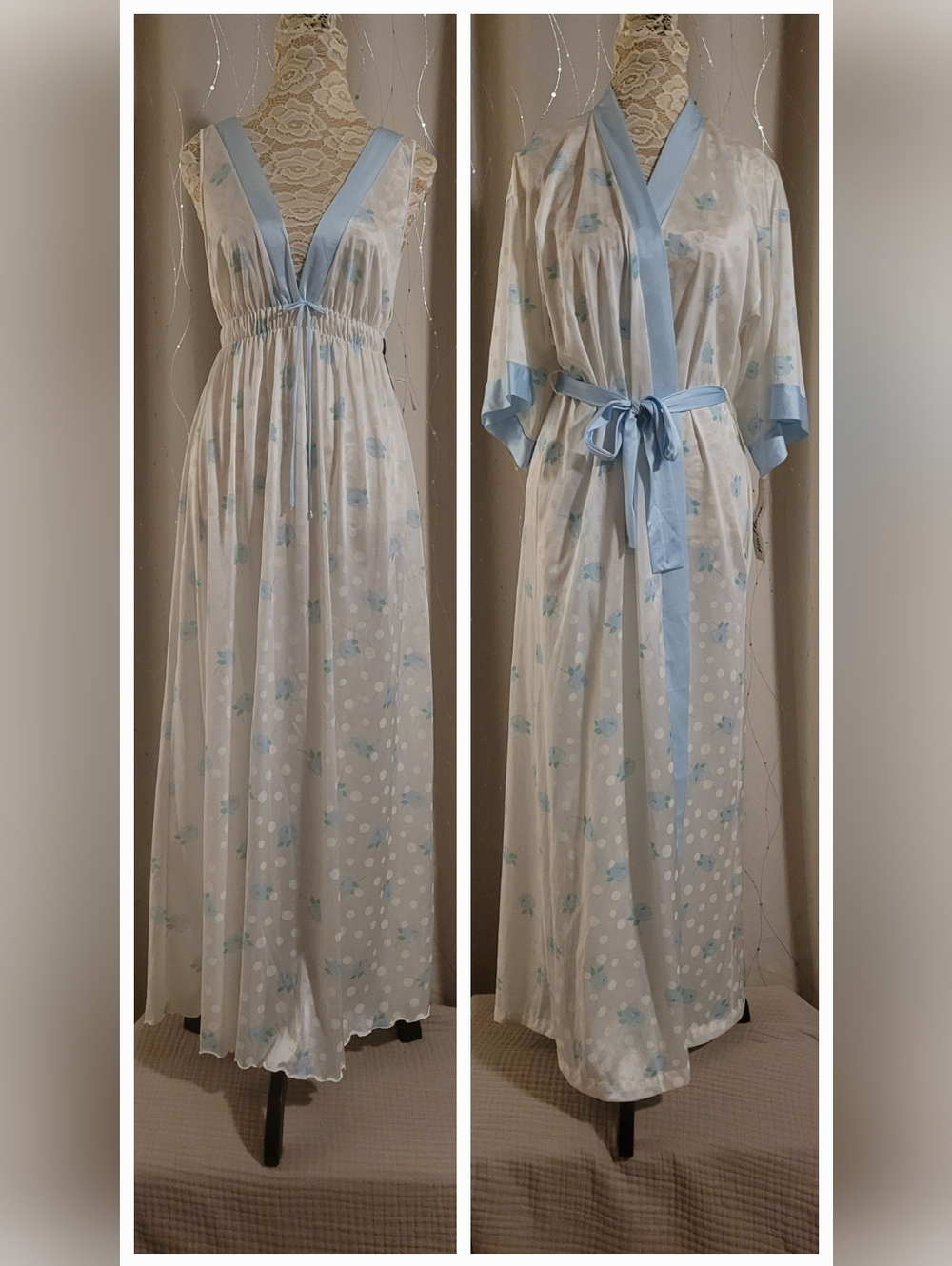 ​VINTAGE NWT MISS ELAINE Cottagecore Blue Rose Nightgown & Robe Set Small